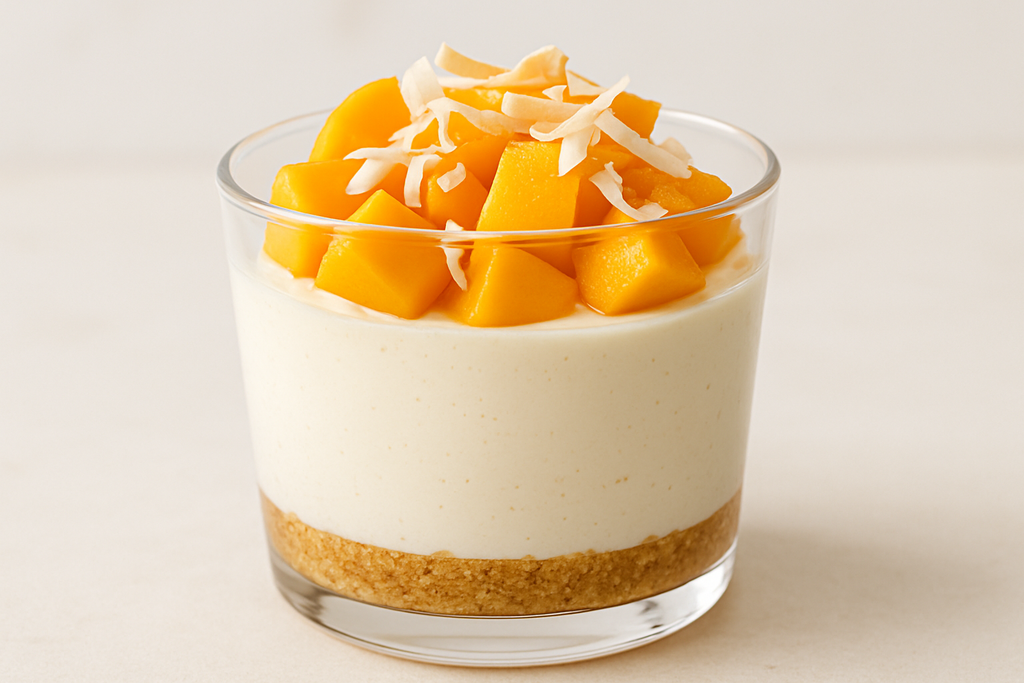 mango and coconut shreds cheesecake cup
