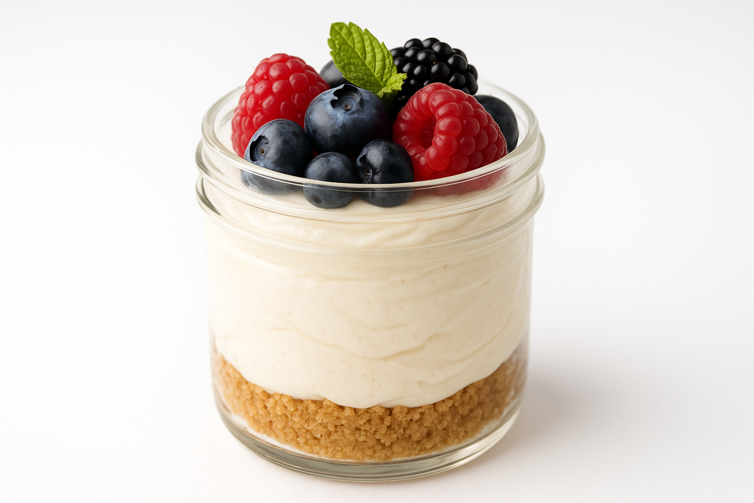 mixed berries cheesecake in a cup, white background